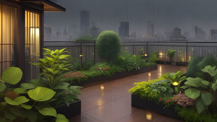 A rooftop garden rain - obrazy, fototapety, plakaty