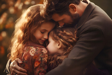 National hug day concept. Father hugging his daughters, touching moment captured. Family's loving hug, autumn warmth. Parents' affectionate embrace, children's joy. Intimate family moment