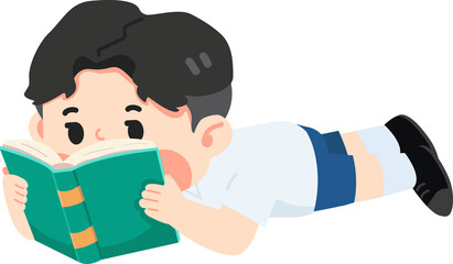 Cartoon reading boy lying with book