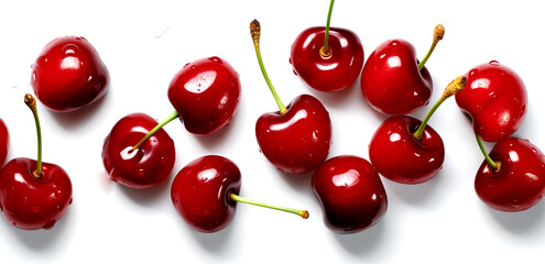 red fresh cherry arranged in an orderly manner On a white background, there is space, a beautiful view.