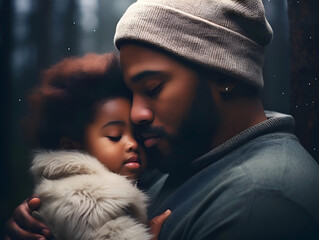 Father's day concept. Tender moment between a father and child. African American dad embraces his child, providing love and safety in his arms. Dark skinned dad holding his daughter in hugs