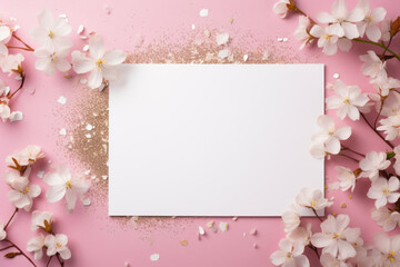 A white postcard with a flower branch and sequins lies on a pink background