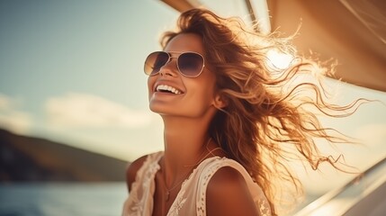 Beautiful woman wearing sunglasses on a yacht. Beautiful female with long hair while enjoying a boat trip. - Powered by Adobe