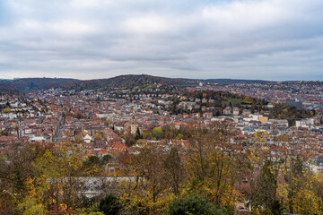 Fototapeta na wymiar Beautiful view of the city of Stuttgart, Alb, autumn view. Colorful autumn colors. Germany. Cloudy sky.