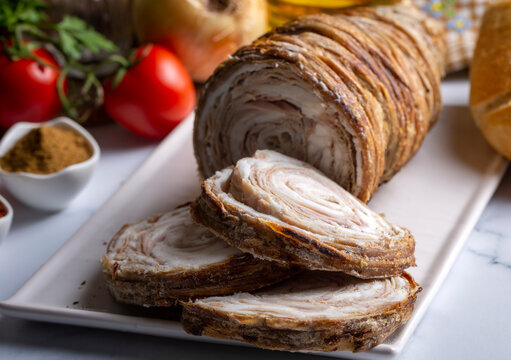Fototapeta Turkish Street Food Kokorec made with sheep bowel cooked
