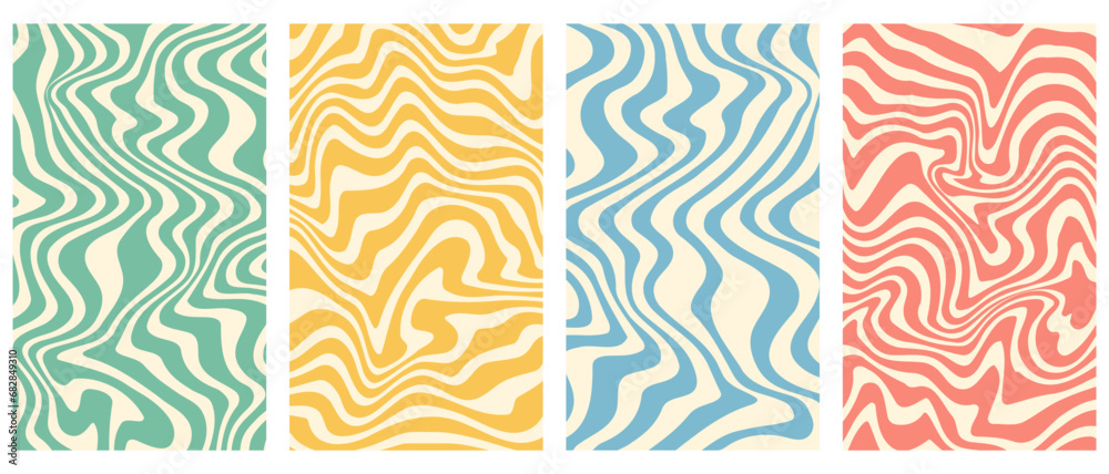 Sticker vector set of groovy wavy vertical posters.twisted and distorted backgrounds in trendy 70s retro psy