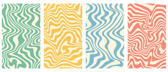 Vector set of groovy wavy vertical posters.Twisted and distorted backgrounds in trendy 70s retro psychedelic style