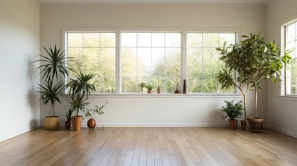 Interior of modern minimalist living room. White empty walls, hardwood floor, indoor plants in pots, floor vases, large window. Mock up.