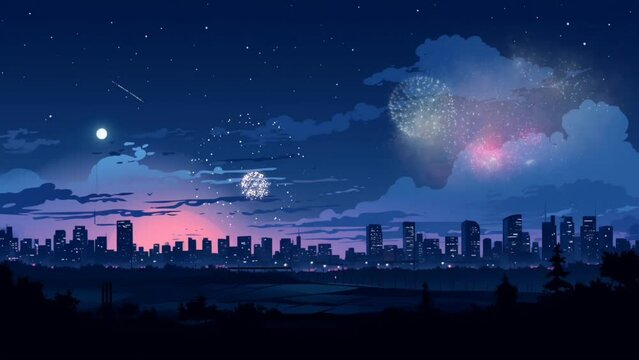 City silhouette with fireworks in the night sky. Seamless looping virtual video animation, cartoon illustration style. Generated with AI