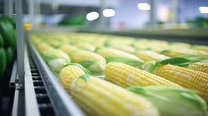 Clean and fresh clean corn cobs on a conveyor belt in a fruit and vegetables packaging warehouse, on an automated conveyor belt.

