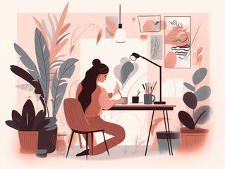 A freelancer working from a home studio with artistic decor and creative vibes