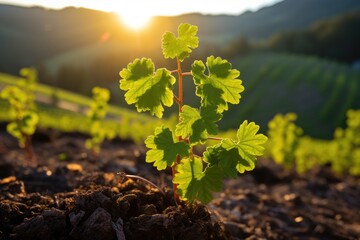 Tranquil Spring Vineyard: Lush Young Leaves and Rolling Hills in Morning Light