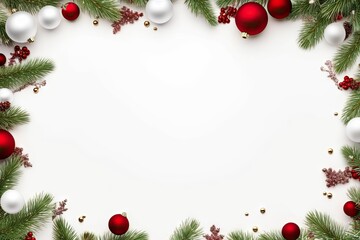 Festive holiday elegance. Christmas red and green decor with snowy white background. Winter wonderland greetings. Seasonal frame with xmas balls trees and snowflakes