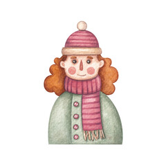 A girl in a pink hat and a striped scarf with blonde hair. Watercolor illustration. Human. Cute. Face. Personality. Funny. Beautiful. Print on fabric and paper. Cartoon. Art. Design. Handmade work.