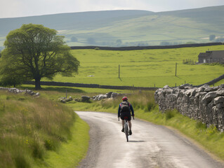 Fototapeta premium A cyclist riding a bike on a scenic route through the countryside