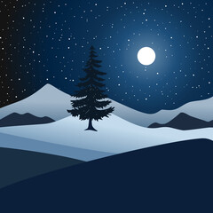 night winter mountain landscape with moon and stars. winter wonderland night background