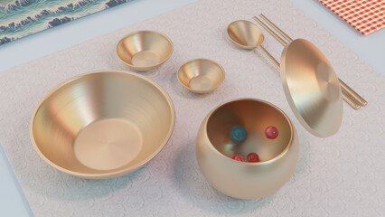Obraz na płótnie Canvas Korean traditional plating set - spoon, chopsticks, Gong-gi including marbles and some plates made with Yugi
