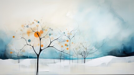 Abstract tree in winter watercolor landscape. Generative AI
