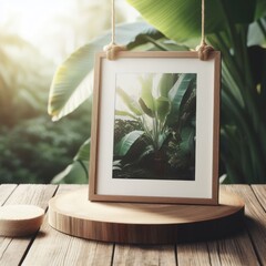 Fototapeta na wymiar wooden product podium with plants jungles