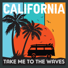 Wave surf print and palm tree design for t-shirt, poster etc