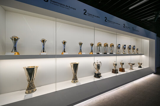 MADRID, SPAIN - NOVEMBER 16, 2023: Detail on the European cups awards in the Museum of the Real Madrid Football Club, UEFA Europe Champions League. High quality photo