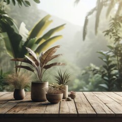 wooden product podium with plants jungles