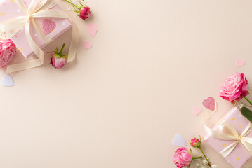 Love in Bloom: A top view tableau of love—gift boxes, pink roses, gypsophila, heart confetti—all on a pastel beige surface, awaiting your special words