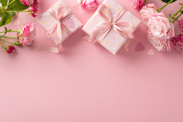 Love Tokens: Top view composition featuring gift boxes, pink roses, and heart confetti. Pastel pink backdrop with ample space for text