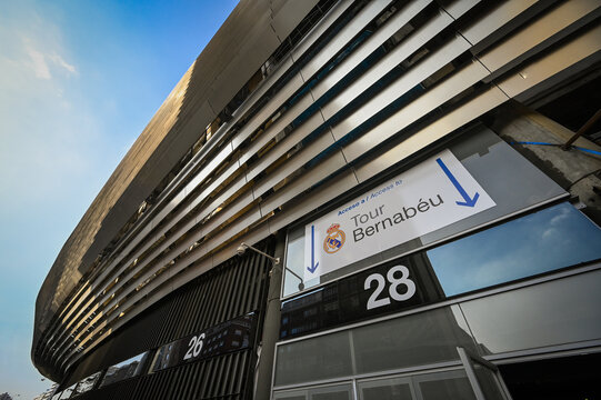 MADRID, SPAIN - NOVEMBER 16, 2023: Exterior of the Santiago Bernabeu, soccer stadium of Real Madrid, during renovation works. High quality photo