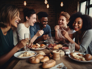 A group of friends with diverse ethnicities laughing and enjoying a meal together