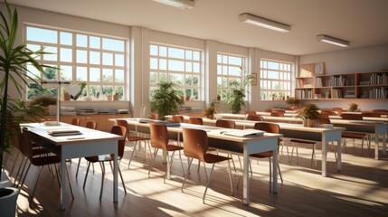 Interior of clean bright classroom in modern school or college. Spacious room with white walls, large comfortable desks, chairs, bookshelves, indoor plants, large windows. - obrazy, fototapety, plakaty