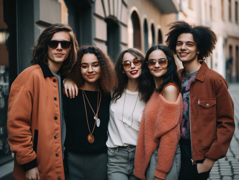 A group of friends in fashionable attire posing for a photo in an urban or trendy location