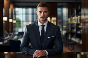 Fototapeta premium An American businessman sit in the office looking in the camera wearing elegant coat suit of black and white color have blur background a conference table at the back