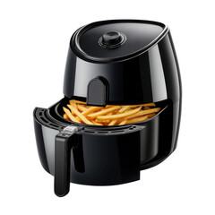 Black Air fryer cooking machine with french isolated on white