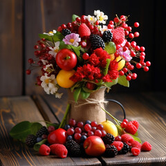 
bouquet from fruit and berries. composition on a wooden background 