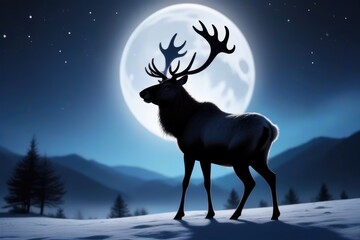 A reindeer in front of a full moon