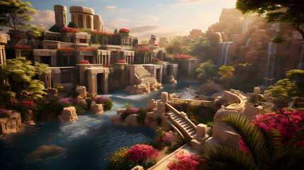 A lush and vibrant oasis in the heart of ancient Babylon, where terraced gardens cascade down from towering structures, adorned with blooming flowers and cascading waterfalls. Ai Generated.NO.01