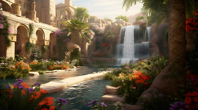 A lush and vibrant oasis in the heart of ancient Babylon, where terraced gardens cascade down from towering structures, adorned with blooming flowers and cascading waterfalls. Ai Generated.NO.04