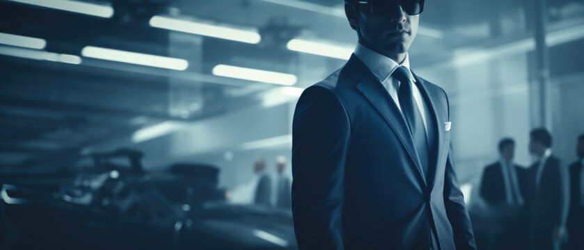 Secret service security bodyguard agent man in silhouette on dark background.