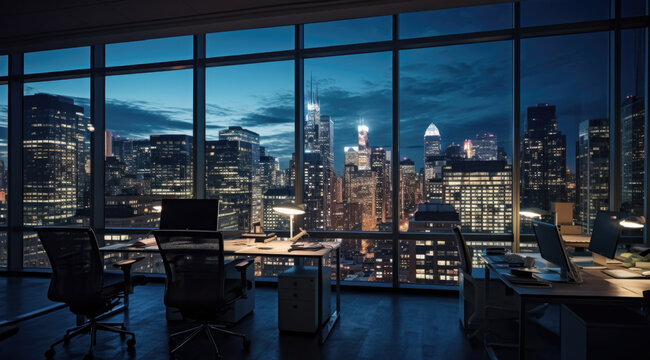 Shot of the Businessman Desk and Desktop Computer. Stylish Office Studio with Dimmed Light and Big Cityscape Window View.