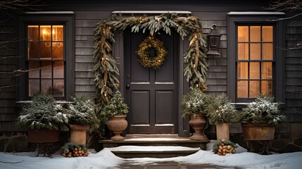 Generative AI, Front door with Christmas decoration, wreath and garland, muted colors, cottage rustic doorway 	
 - obrazy, fototapety, plakaty