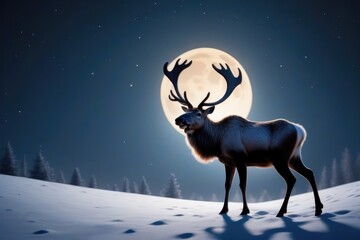 A reindeer in front of a full moon