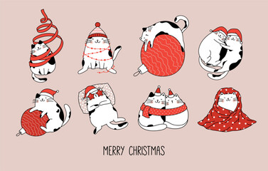 Greeting set of funny cute cats celebrating Christmas with holiday decorations.