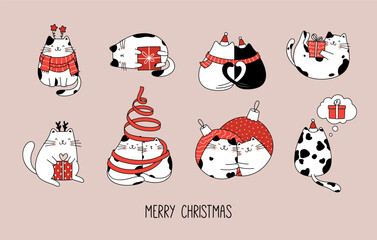Set of funny cute cats celebrating Christmas with holiday decorations.