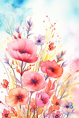 Watercolor Colorful Floral Background with Spring Wildflowers