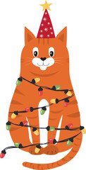 Cat with a garland. Christmas. Festive mood. Vector.
