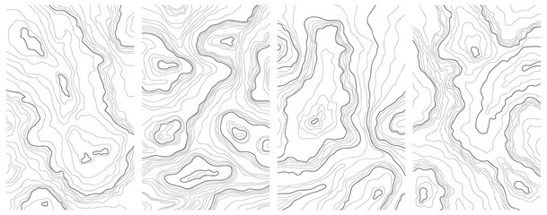 Illustration of a topographic map of the island hand drawn set. Abstract concept images for background. Lines and contours relief of mountains collection. - obrazy, fototapety, plakaty