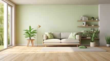 Interior of modern minimalist living room. Pistachio empty walls, hardwood floor, grey sofa, wooden coffee table, indoor plants in pots, bookshelves, large floor-to-ceiling windows. Mock up.