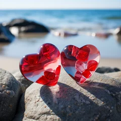 Poster Two beautiful red glass hearts on gray stones against a blue sea background © Marina