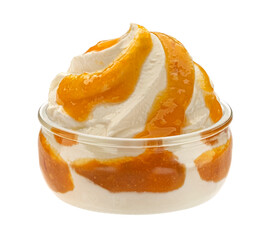 Glass jar of yogurt with peach jam isolated on white background